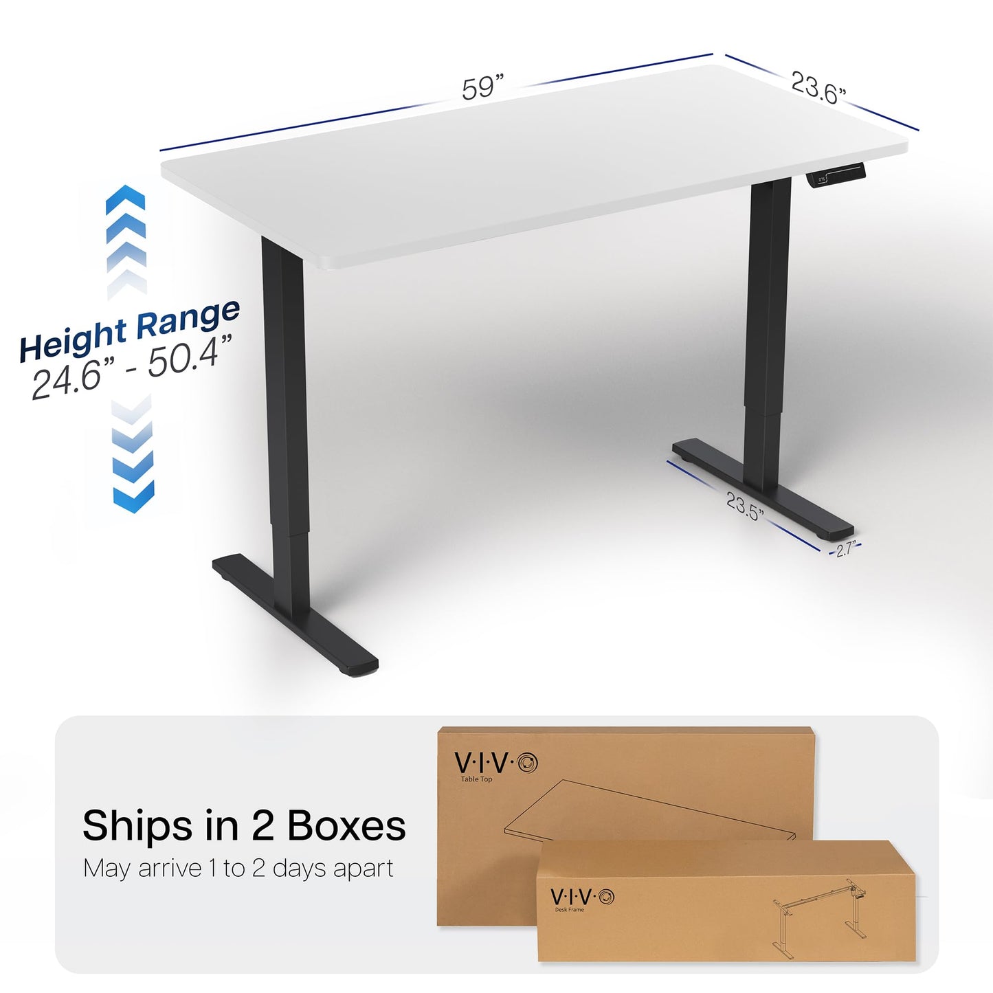 VIVO Electric 60 x 24 in Dual Motor Sit Stand Desk, Memory Height Adjustment, 2B Series, White Top Black Frame, DESK-KIT-2B6W