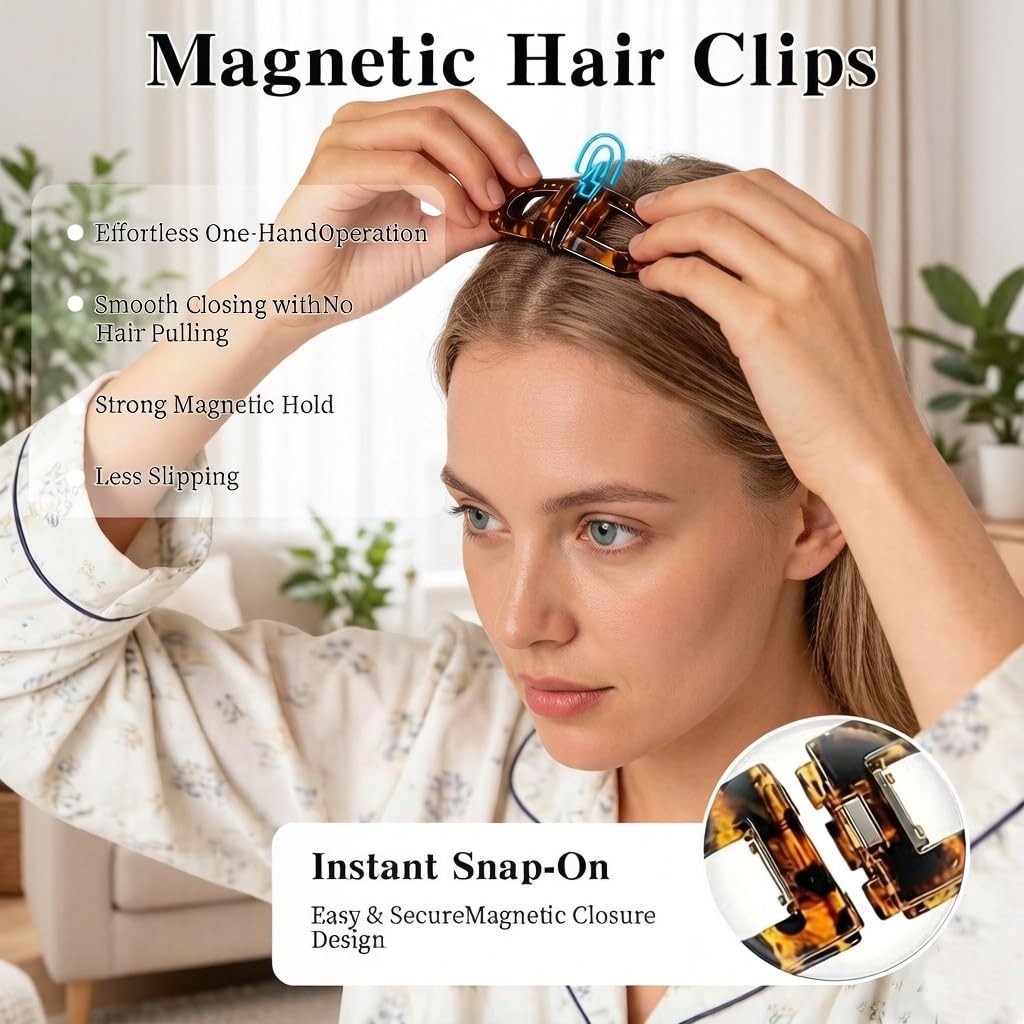 2PCS Magnetic hair clips, featuring extremely strong adhesive power and anti-slip design, ensuring a neat hairstyle. Dual-function design, (Black + Brown)