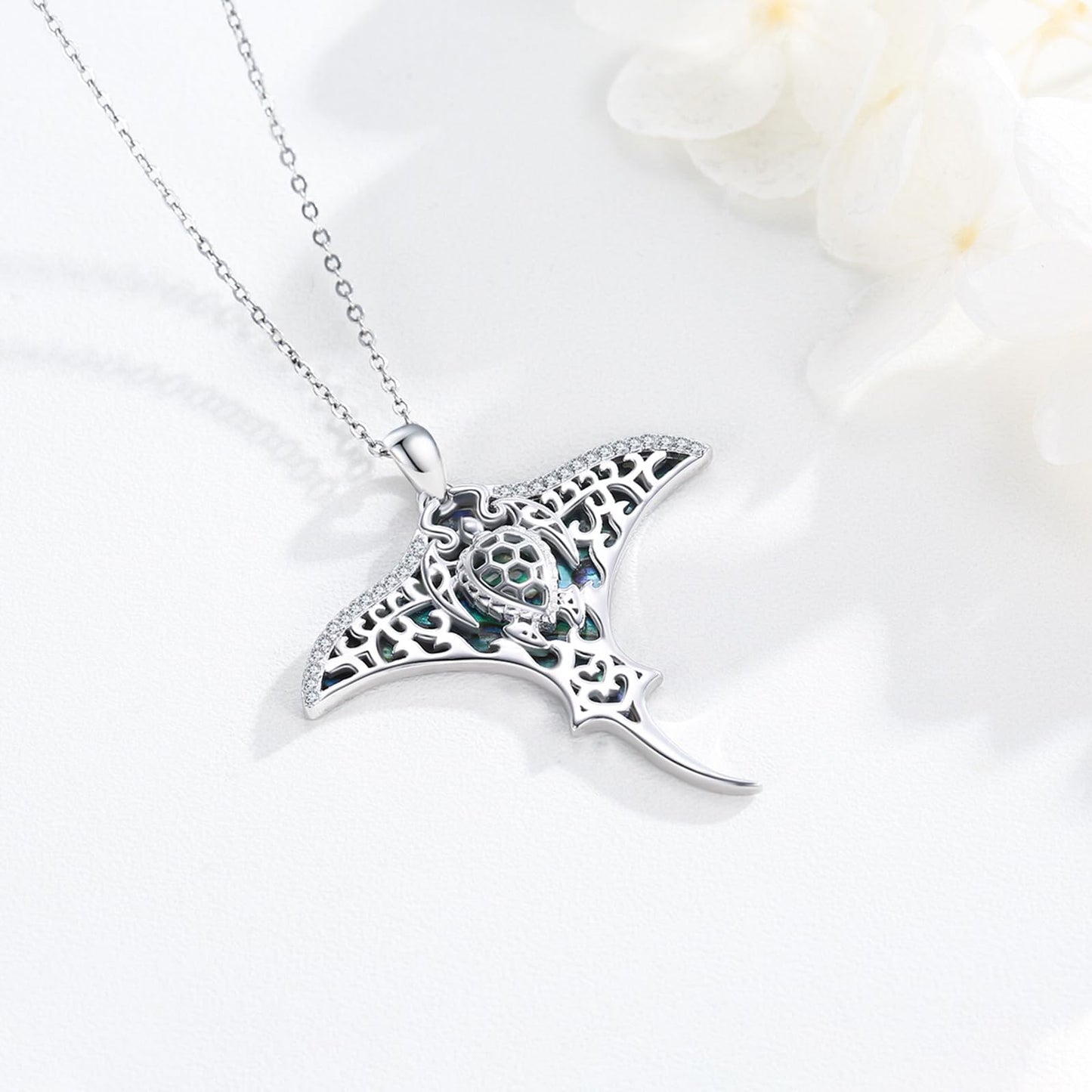 Midir&Etain 925 Sterling Silver Sea Turtle Stingray Necklace Manta Ray Pendant Ocean Jewelry Gift for Women Stingray Lovers