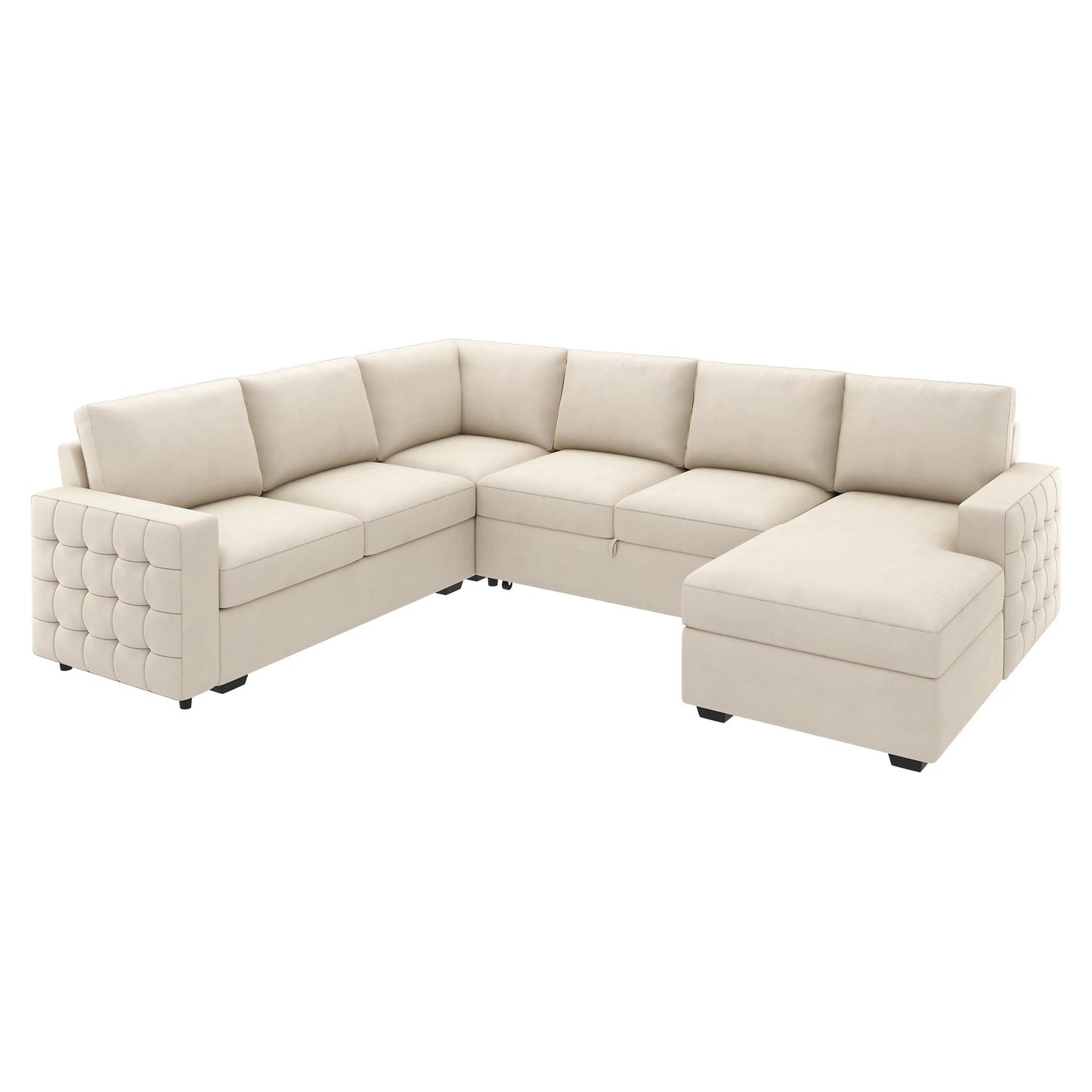 HONBAY Sectional Couch with Pull Out Bed, Sectional Sleeper Sofa with Storage, U Shape Couches for Living Room, Velvet Beige