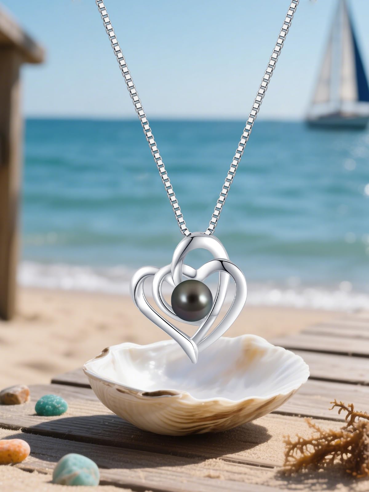 KANNSOAR Tahitian Black Pearl Necklace for Women 18K White Gold Plated Sterling Silver Heart Pendant 7MM Pearl Jewelry Wedding Birthday Anniversary Christmas Gifts for Wife Mom Girlfriend Lover Her