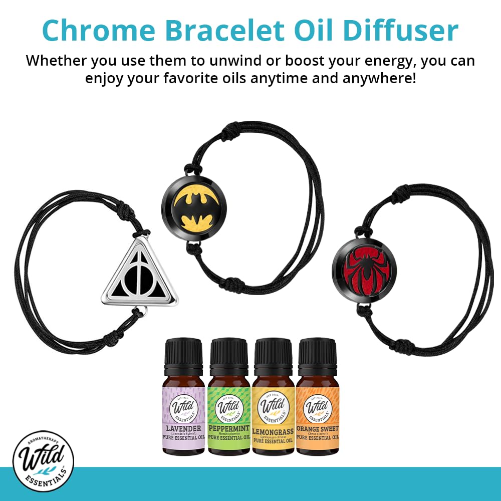 Wild Essentials Potter Hallows Essential Oil Diffuser Bracelet Gift Set with Aromatherapy Pendant, Adjustable Nylon Band, 12 Pads and 100% Pure Oils; Lavender, Lemongrass, Orange and Peppermint