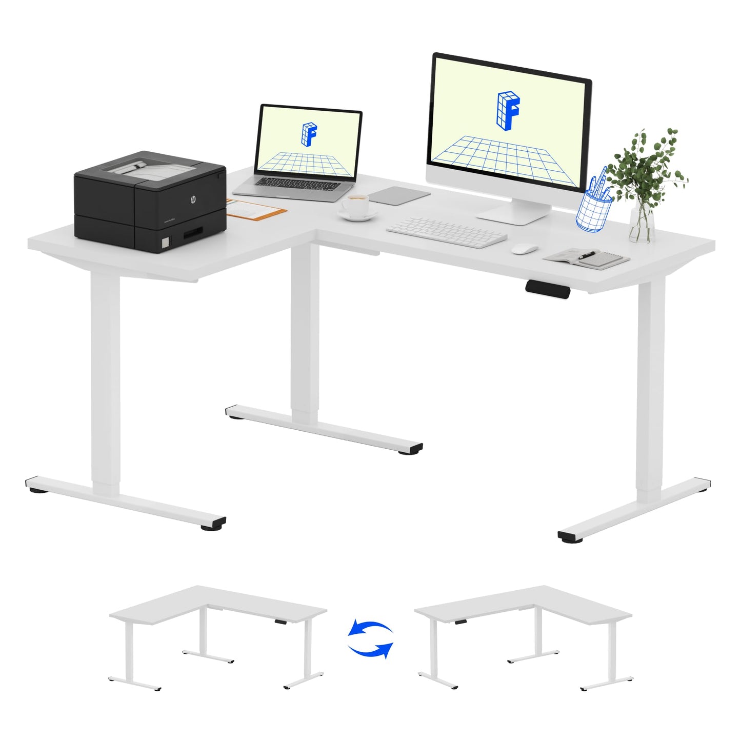 FLEXISPOT 63 x 47 Inch 3-Leg L Shaped Standing Desk, Electric Height Adjustable Sit Stand Corner Desk, Computer Workstation with Preset Controller for Home Office, White Frame with White Top
