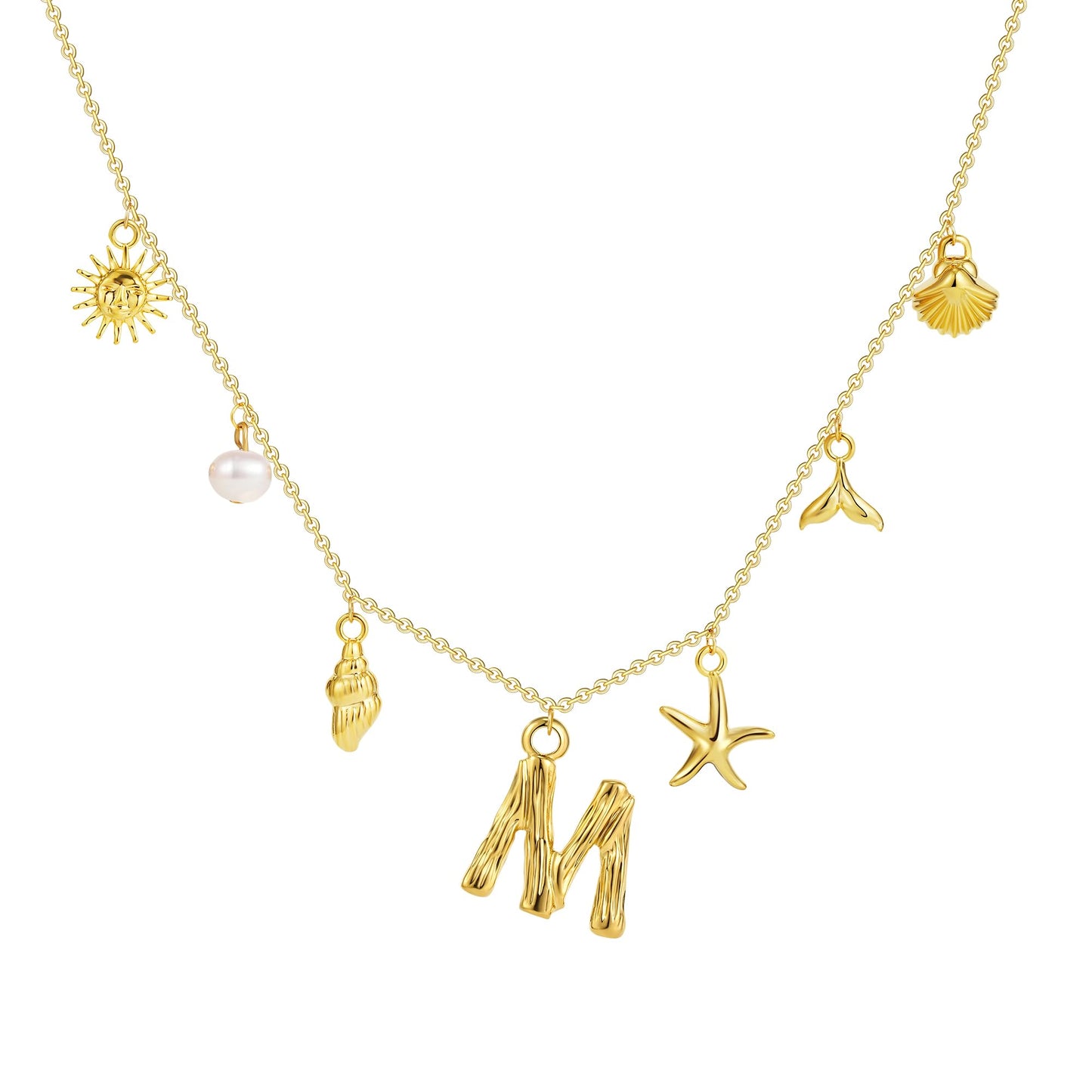 SLOONG Summer Accessories for Women - 14K Gold Plated Letter Neckalce Freshwater Pearl Necklace Choker Boho Summer Seashell Beach Starfish Surfer Jewelry Gifts for Women