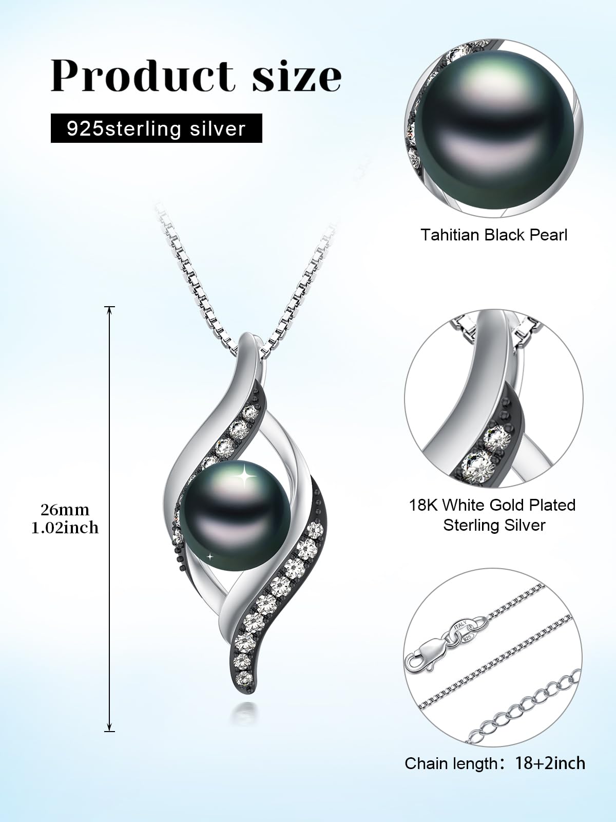 KANNSOAR 9MM Tahitian Black Pearl Pendant Necklace Pearl Jewelry-Wedding Birthday Anniversary Valentines Day Christmas Mothers Day Gifts for Women Wife Mom Girlfriend Her