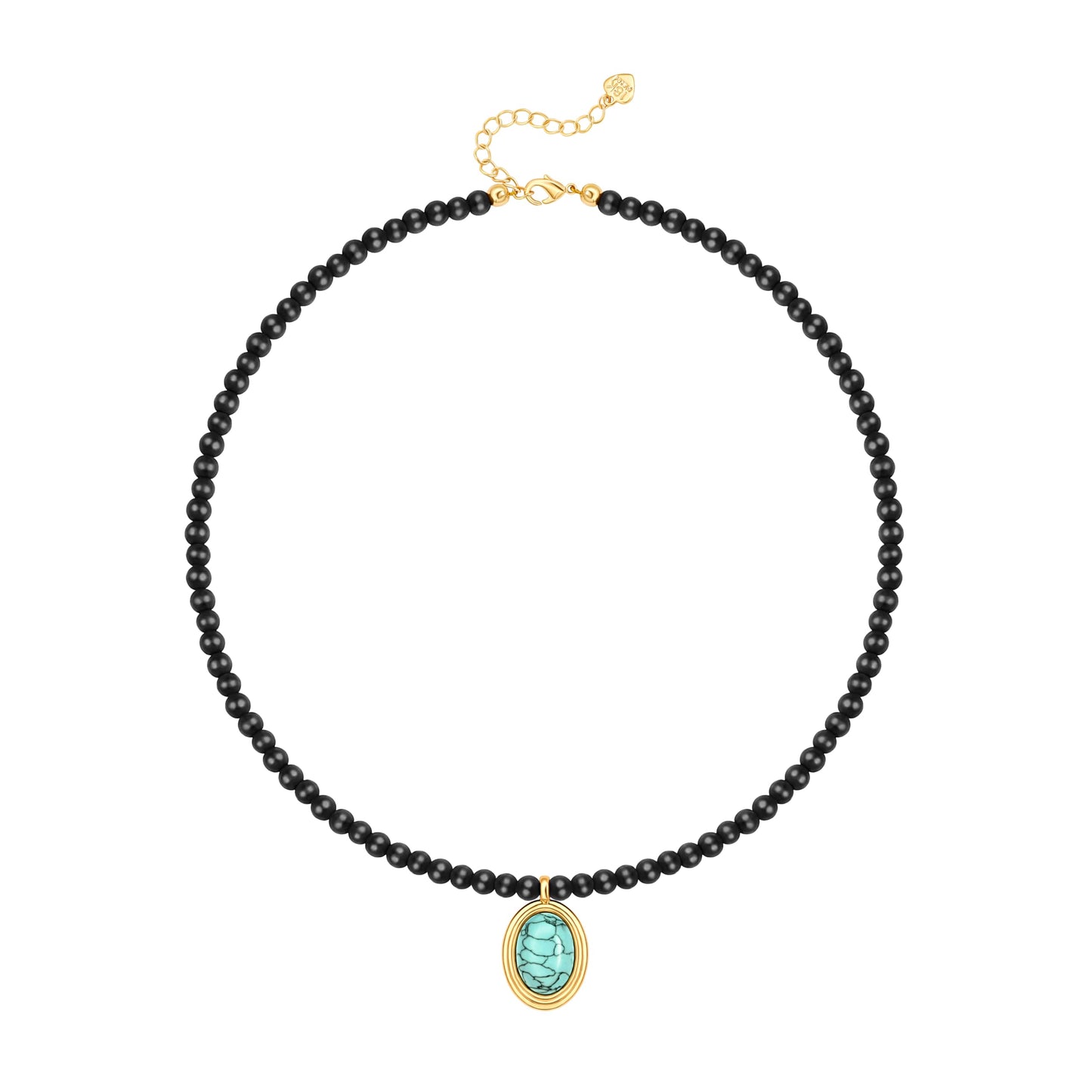 PEARLADA Boho Black Beaded Choker, Oval Turquoise Pendant Necklace for Women, 18k Gold Plated Chakra Gemstone Necklace