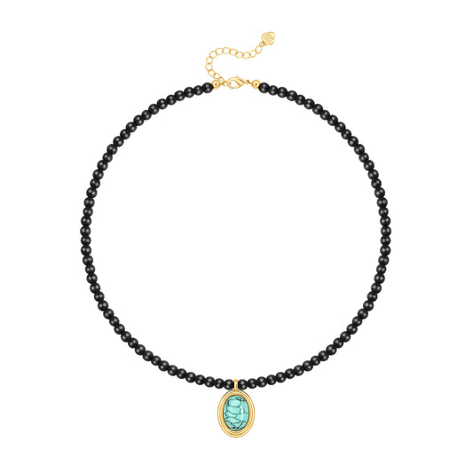 PEARLADA Boho Black Beaded Choker, Oval Turquoise Pendant Necklace for Women, 18k Gold Plated Chakra Gemstone Necklace