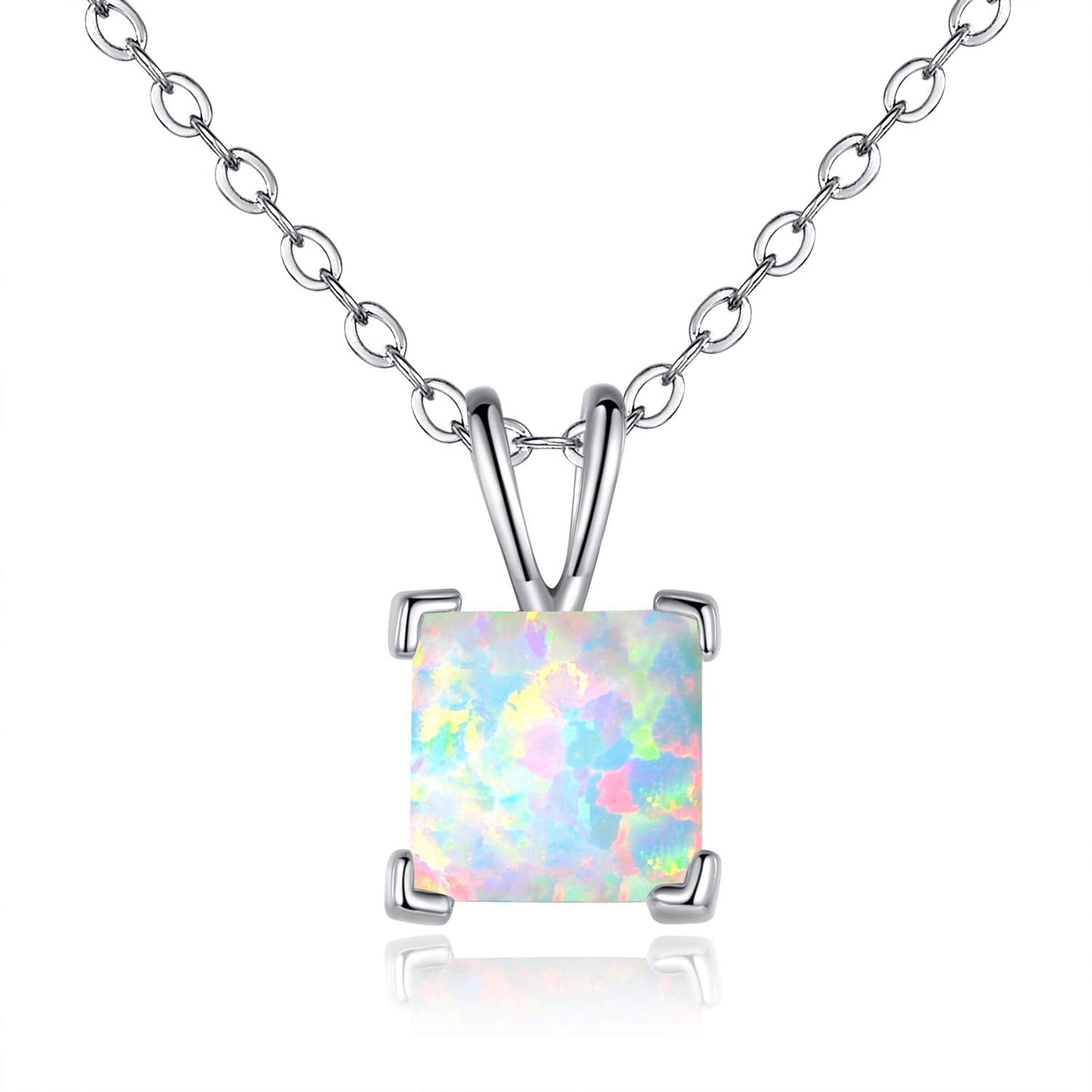 VOLUKA 18K White Gold Plated Pendant Necklace 8mm Princess Square White Fire Opal Necklace for Women