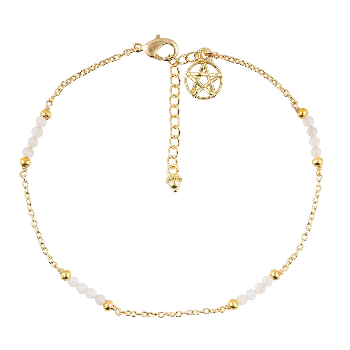 CRYSTALINES Natural Rainbow Moonstone Gemstone Beads, Handmade Station Dangle Star Charms Anklet, 14K Gold Plated, Adjustable Fashion Boho Jewelry for Women, Healing Crystals, Christmas Gift