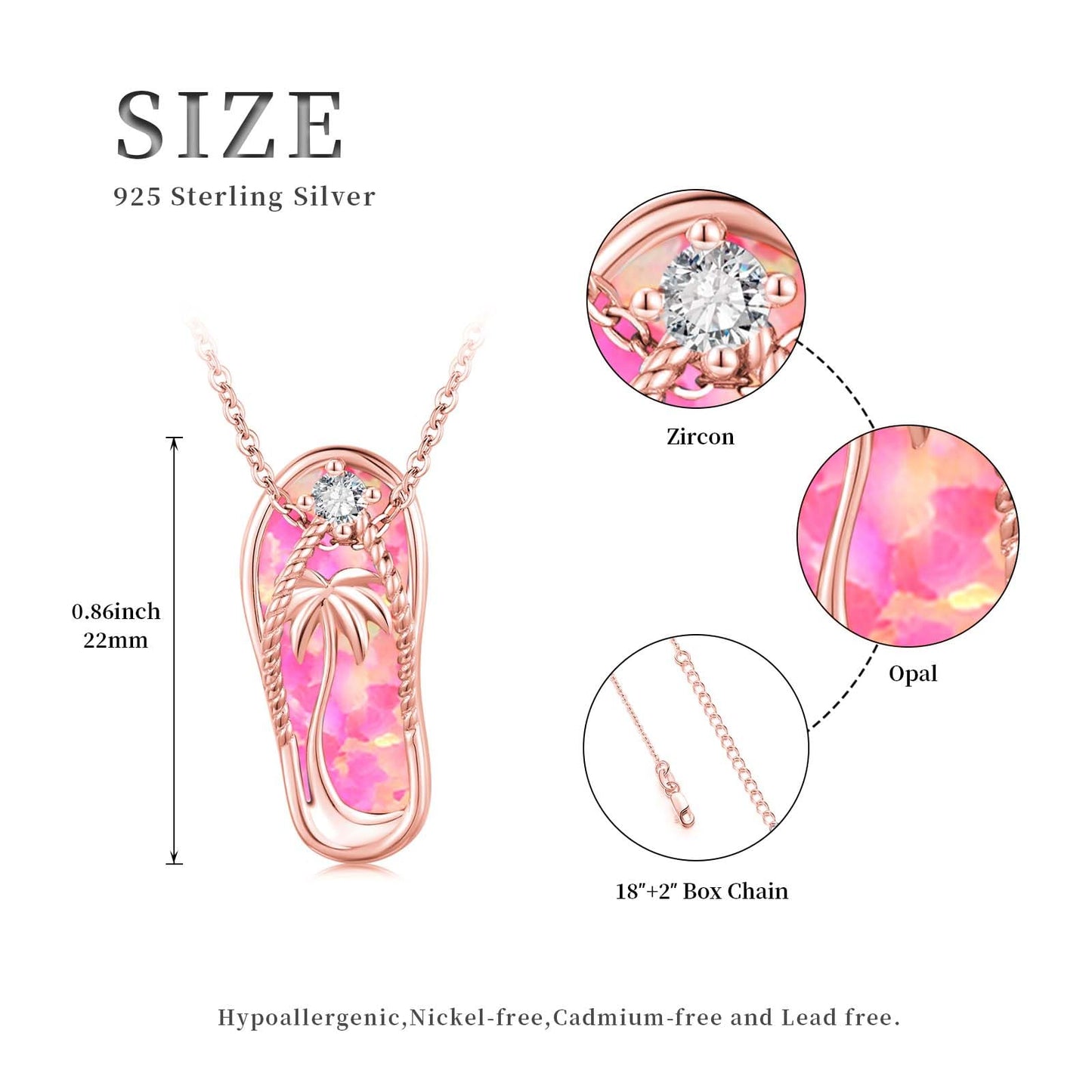 Midir&Etain Pink Opal Flip Flop Necklace 925 Sterling Silver Rose Gold Plated Palm Tree Pendant Beach Necklace Flip Flop Opal Jewelry for Women