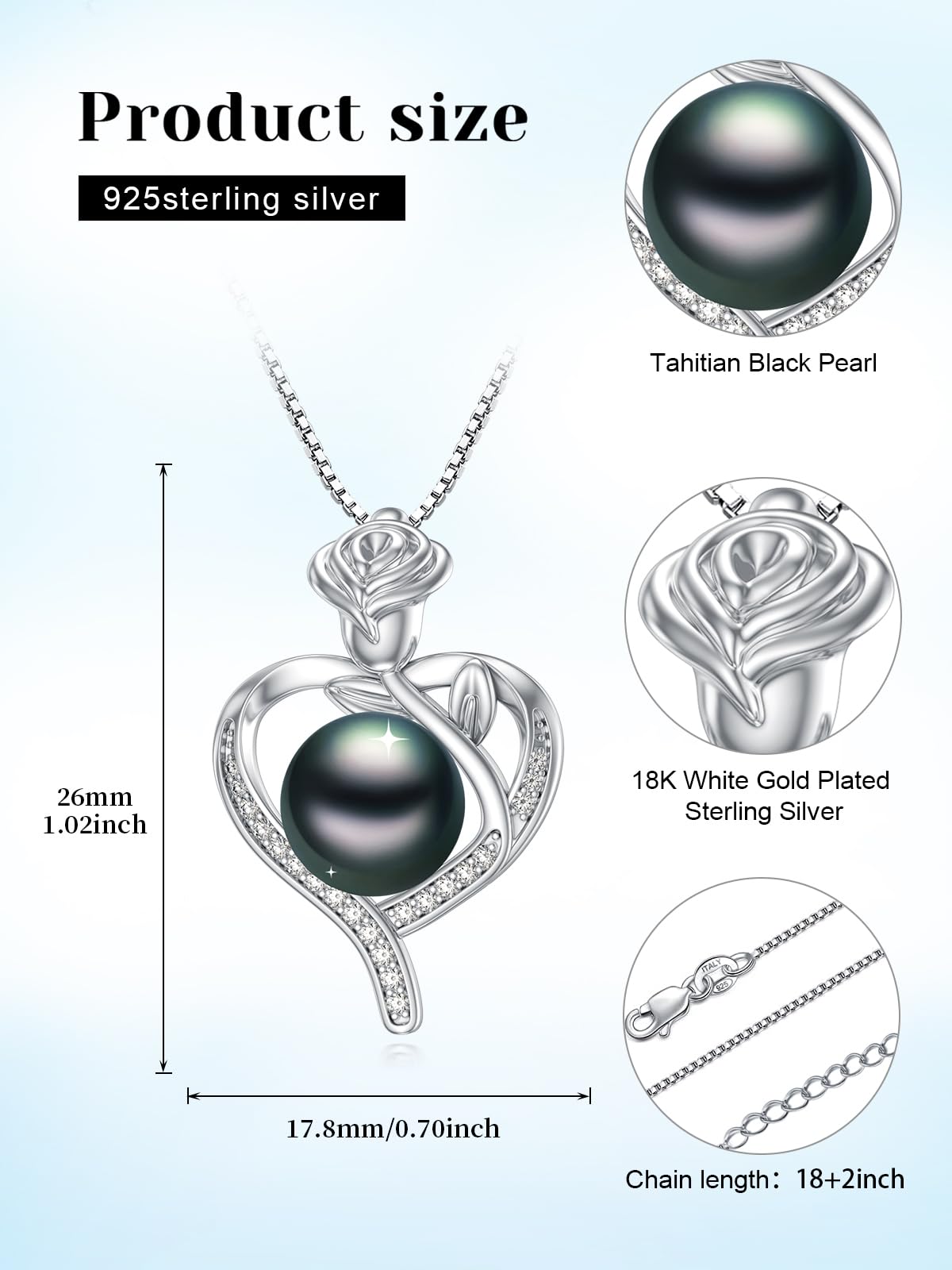 KANNSOAR 9MM Tahitian Black Pearl Rose Fower Heart Pendant Necklace Pearl Jewelry-Wedding Birthday Anniversary Valentines Day Christmas Mothers Day Gifts for Women Wife Mom Girlfriend Her