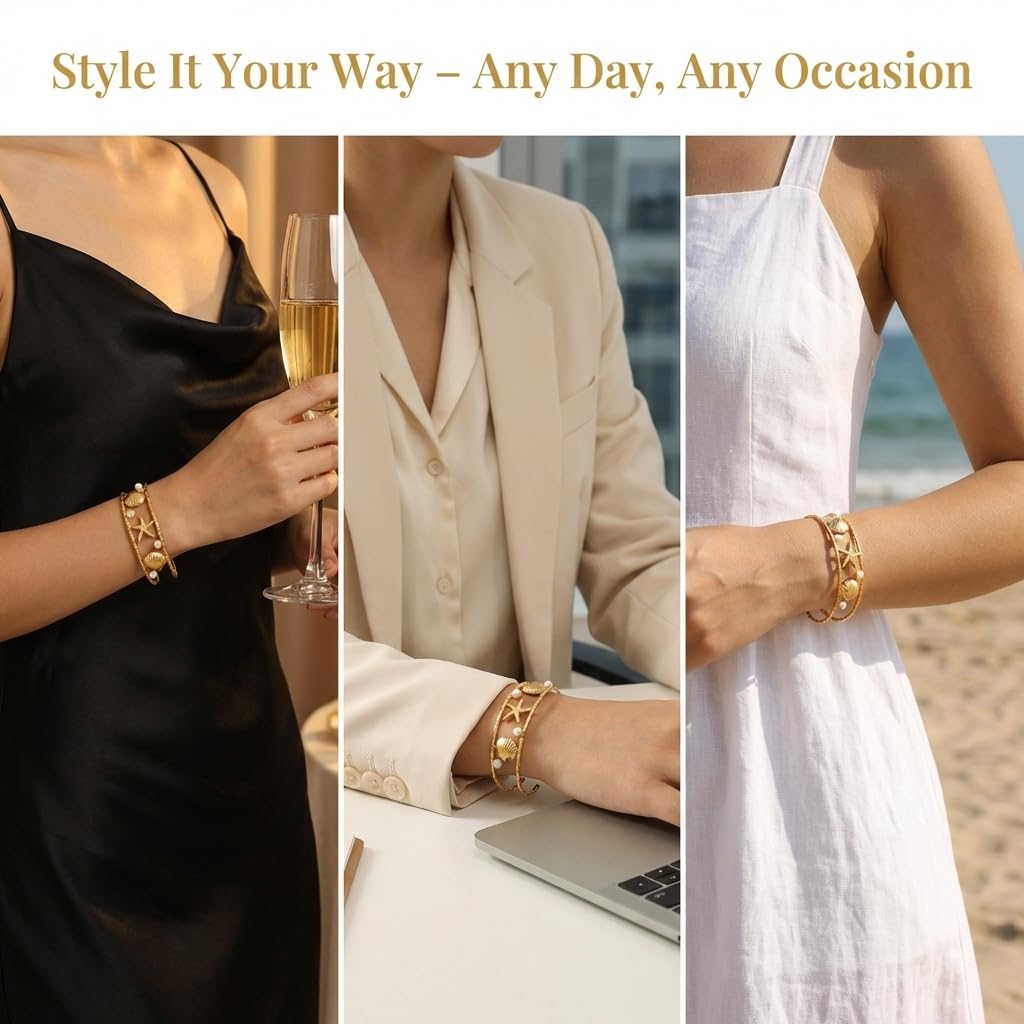 MystiGlimmer Starfish Open Cuff Bracelet for Women 18K Gold Plated Stainless Steel, Adjustable Ocean-Inspired Arm Cuff, Waterproof, Hypoallergenic Beach Jewelry Gift