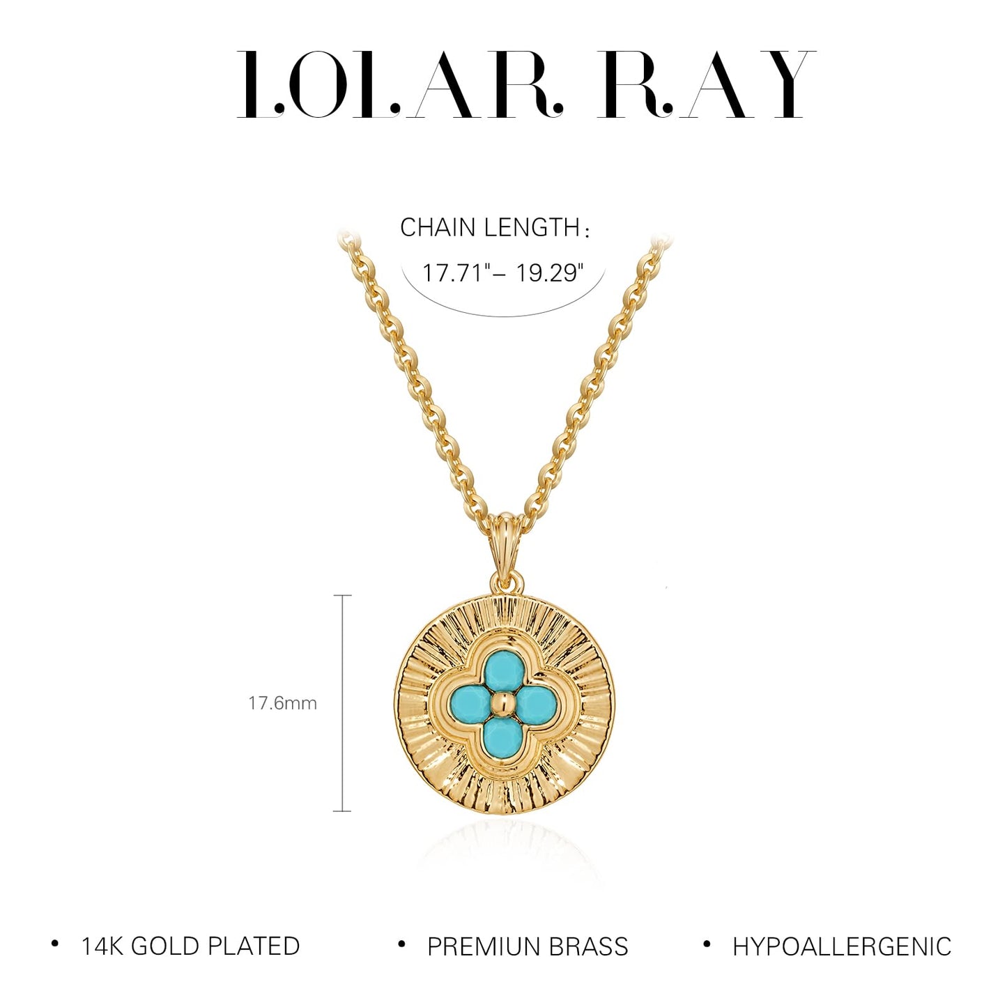 LOLAR RAY Clover Medallion Necklace 14K Gold Plated Turquoise Pendant with Radiant Pattern Adjustable Chain Elegant Gift for Women