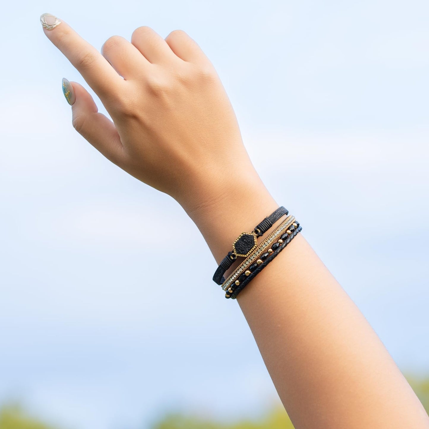 FANCY SHINY Crystal Beaded Leather Wrap Bracelet Stackable Boho Jewelry for Women Trendy Braided Resin Stone Bangle Cuff with Magnetic Clasp(Black)
