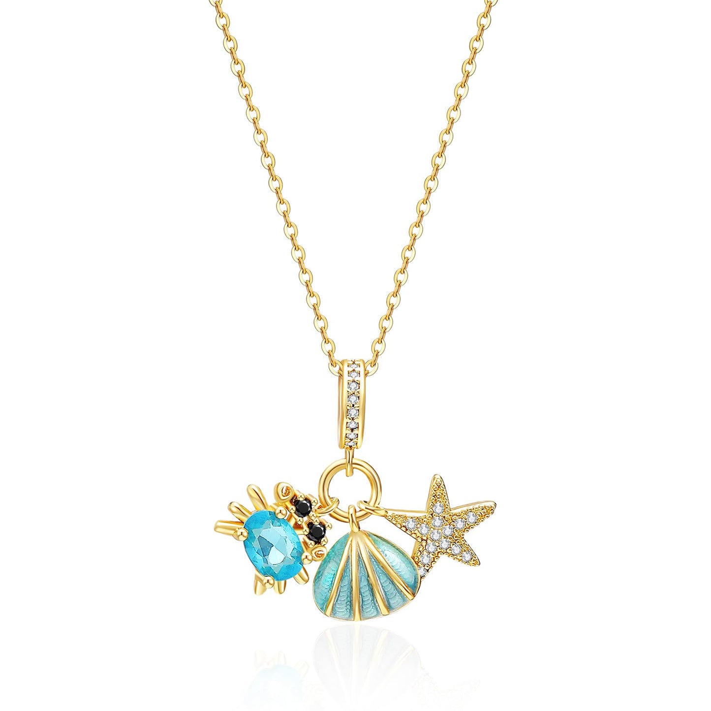crataly Beach Holiday Aquamarine Necklace For Women-Gold Plated Mini Crab Enamel Seashell CZ Starfish Necklace For Graduation Valentines Day Mother's Day Christmas Birthday Gifts