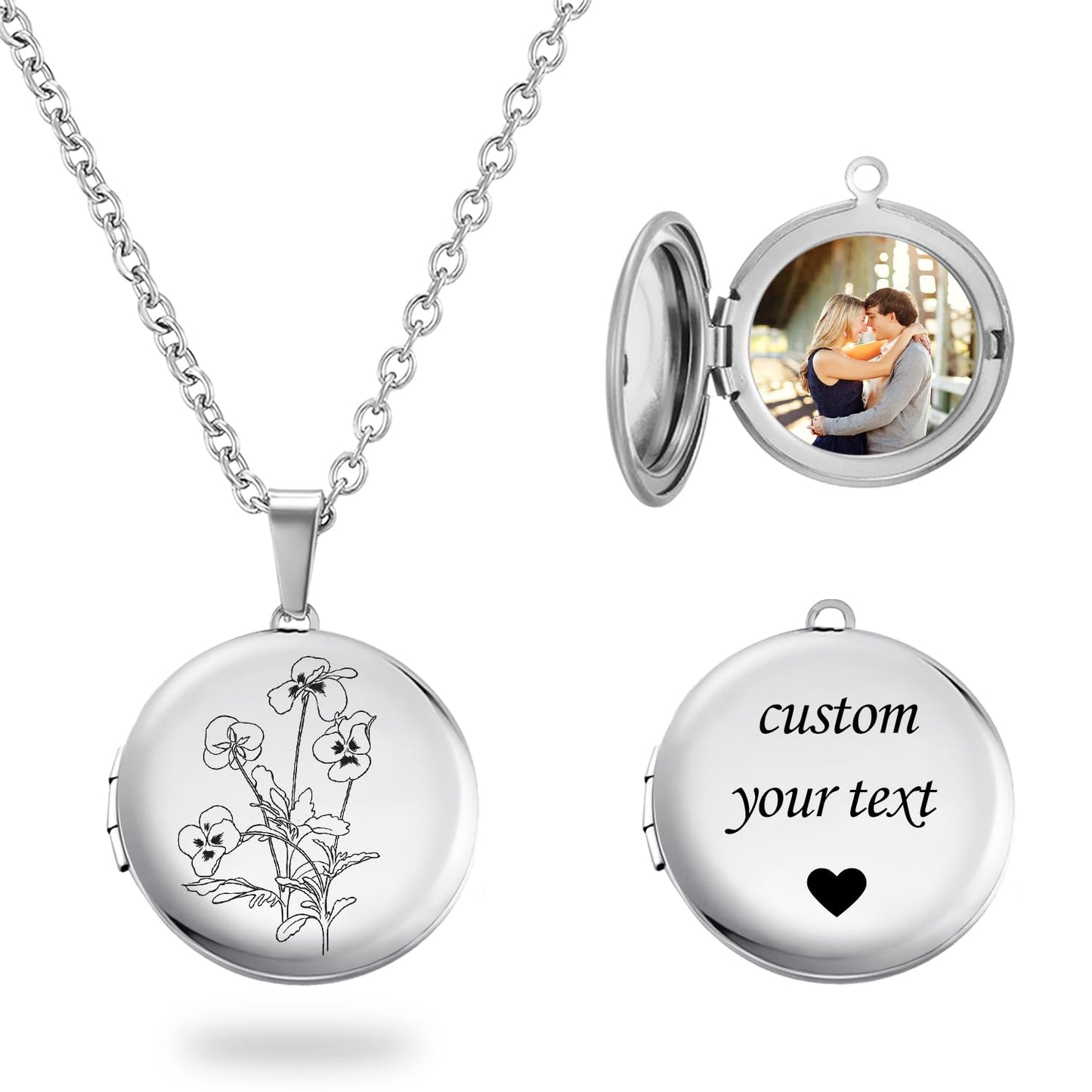 PHOCKSIN Silver Round Locket Necklace 12 Birth Flowers Personalized Necklace that Holds Pictures Customized Gifts Locket Necklaces as Birthday Presents