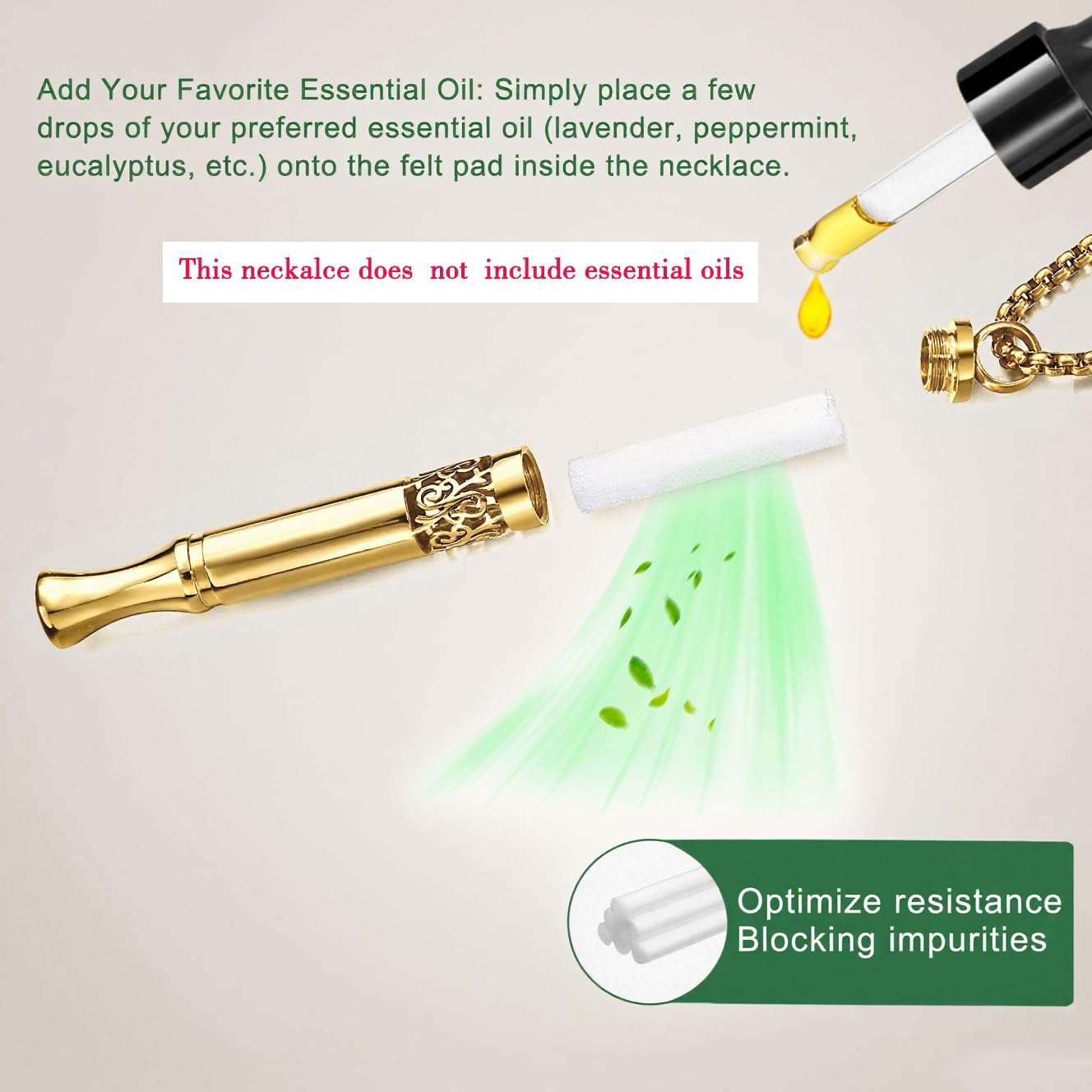 Anxiety Relief Pendant Mindfulness Breathing Necklace - Essential Oil Diffuser & Personal Inhaler Aromatherapy Necklaces for Women & Men (Gold)