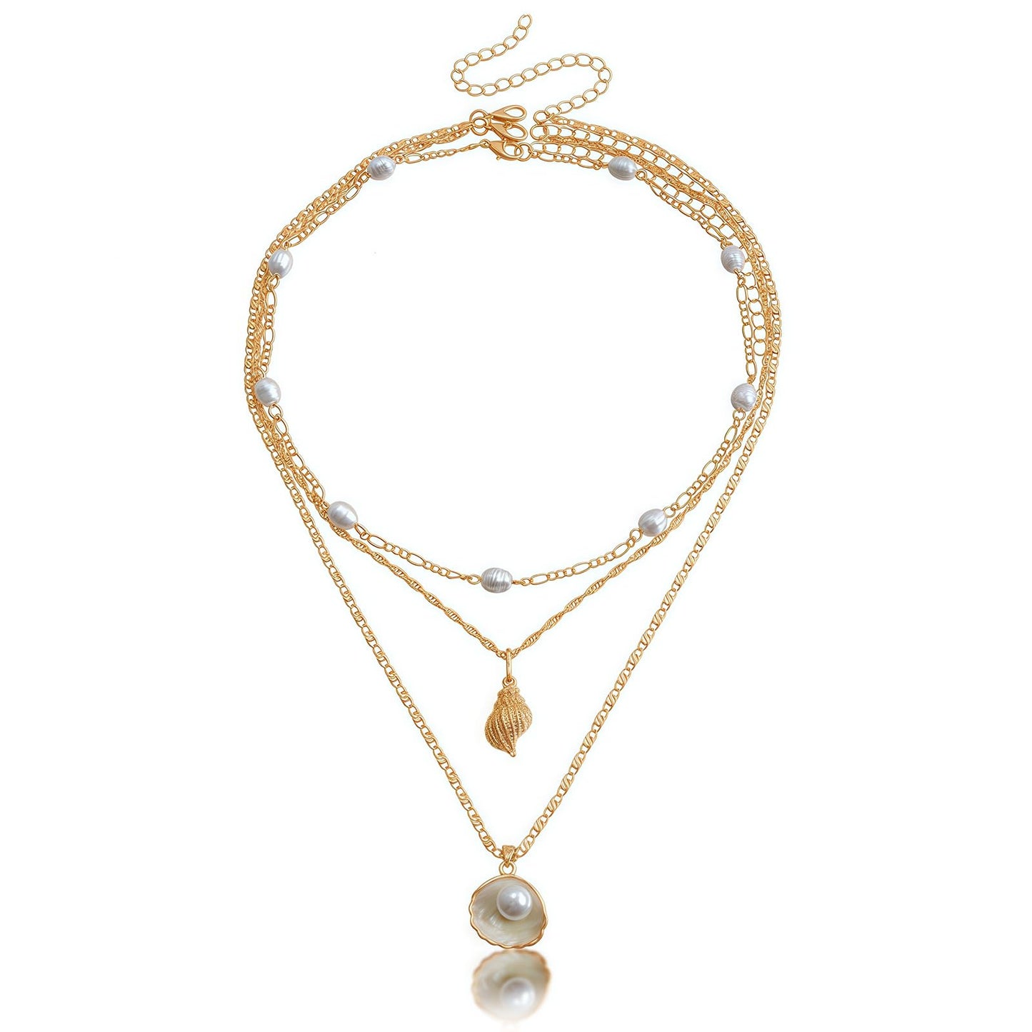 Multi-Layered Pearls and Shells Conch Necklace Set - Ideal for Beach Style, Birthday and Holiday Gifts, Women's Stacked Jewelry