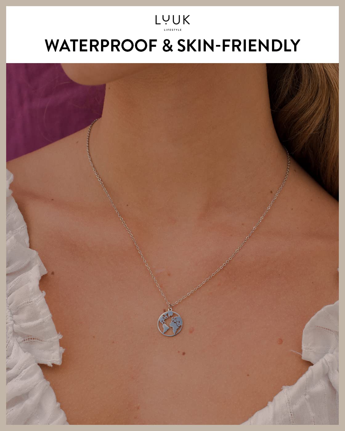 LUUK LIFESTYLE Stainless steel necklace for women with globe, earth pendant and HAPPINESS gift card, simple, minimalistic summer jewelry, festival look, trendy boho style, travel lucky charm, silver