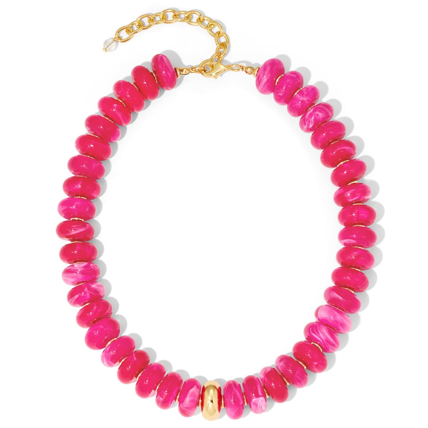 FAUTHENTICUTE Hot Pink Beaded Choker Necklace For Women Large Fuchsia Red Bead Strand With Gold Accent Adjustable Chunky Collar Statement Trendy y2k Necklace for Summer Beach Boho Jewelry Gift