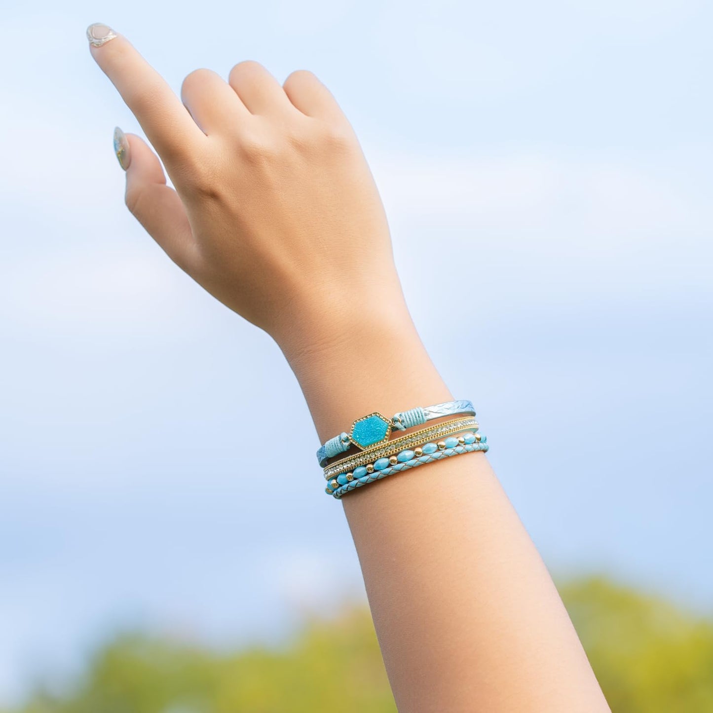 FANCY SHINY Crystal Beaded Leather Wrap Bracelet Stackable Boho Jewelry for Women Trendy Braided Resin Stone Bangle Cuff with Magnetic Clasp(Teal)