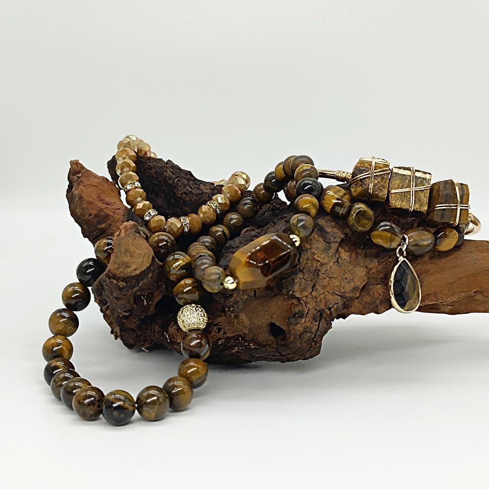 Yomisa Boho Beaded Bracelets/Bangle for Women,Multilayer Wrap 5PCS Healing Natural Tiger Eye Stone Bead Bracelets Handmade Stackable Friendship Stretch Beaded Bracelet Set Trendy Bohemian Jewelry Gift