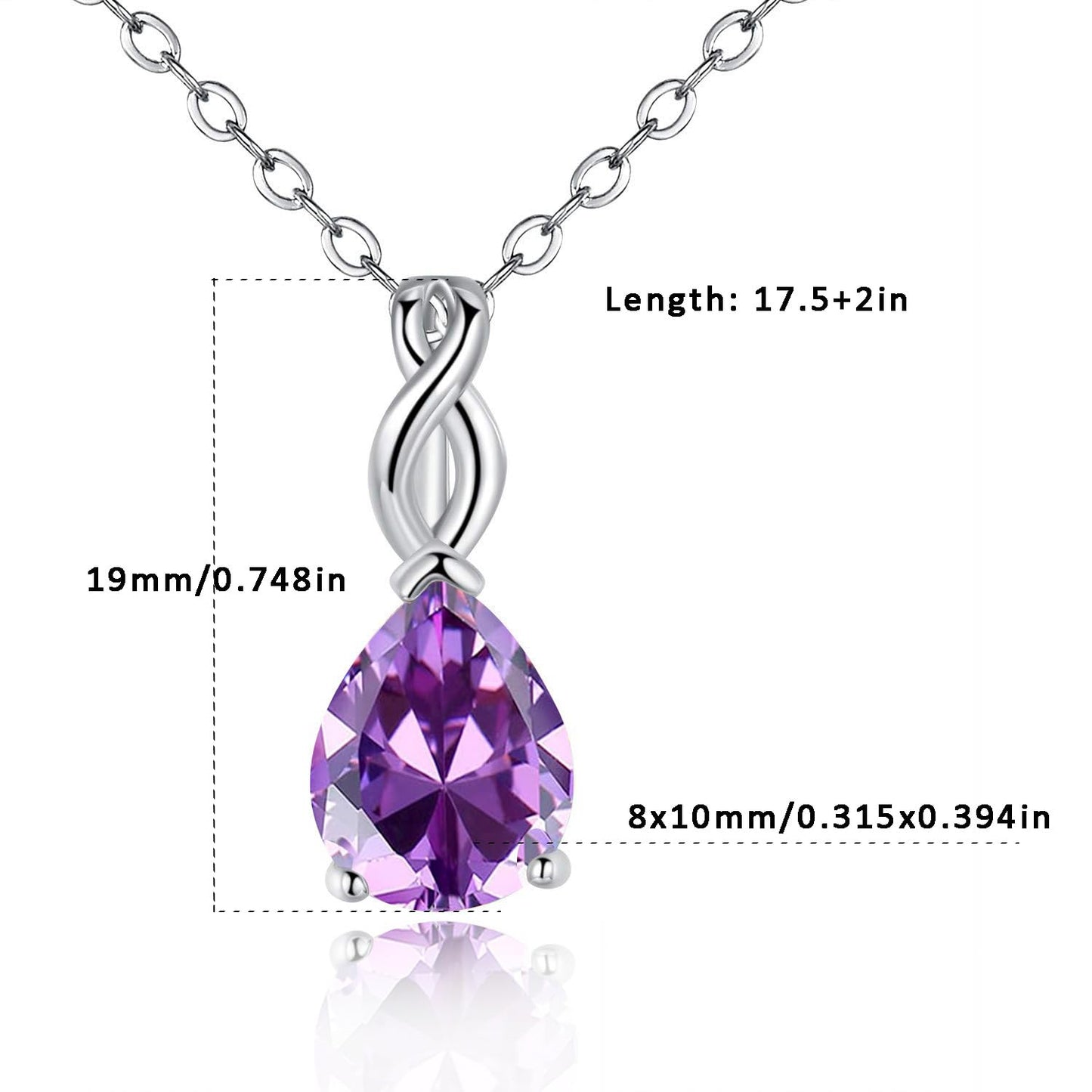 VOLUKA Teardrop Crystal Pendant Necklace, Created Purple Amethyst, 18K White Gold Plated Chain, 17.5+2 Inch Adjustable, 8x10mm Pear Stone