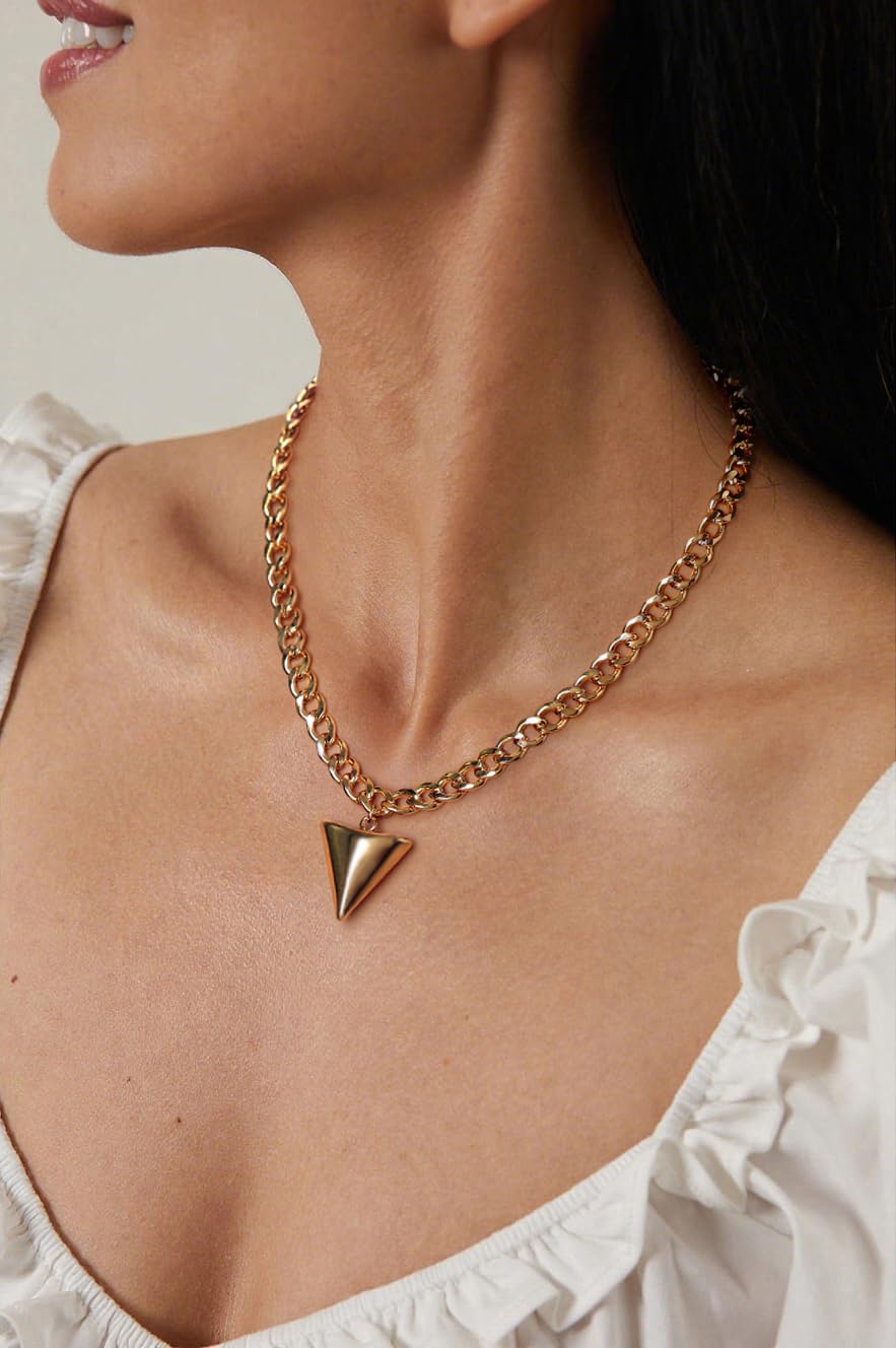 PEARLADA Chunky Gold Plated Triangle Pendant Necklace, Statement Large Shark Tooth Necklace, Adjustable Cuban Chain Geometric Jewelry