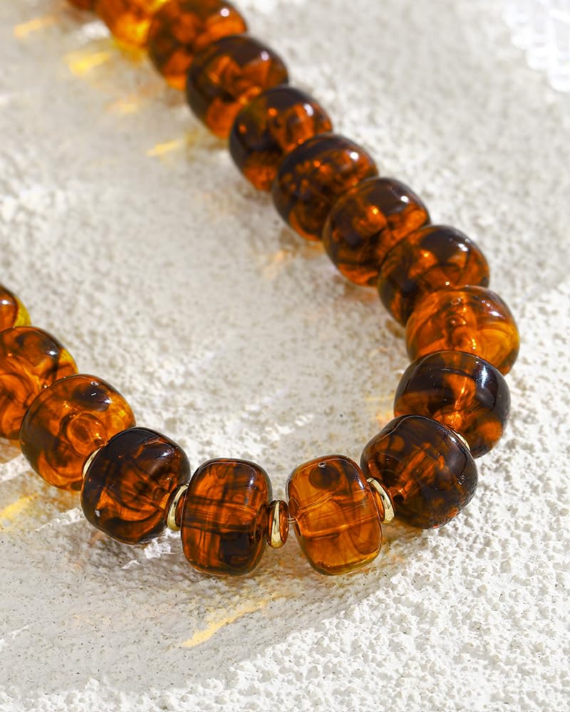 FAUTHENTICUTE Amber Beaded Choker Necklace for Women Chunky Statement Boho Western & Summer Beach Necklaces Trendy Everyday Brown Beaded Choker Necklaces for Women