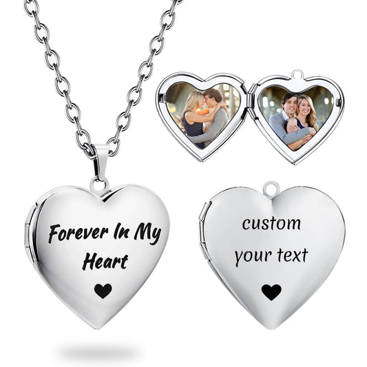PHOCKSIN Silver Heart Locket Necklace Forever In My Heart Personalized Love Heart Necklace that Holds Pictures Customized Gifts Locket Necklaces for Birthday