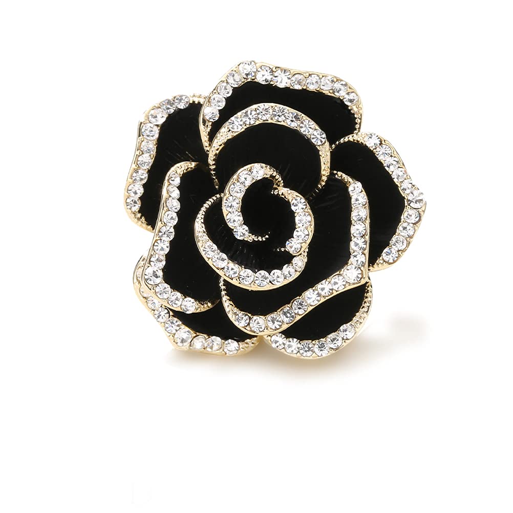 Elegant Crystal Blooming Rose Flower Brooch Lapel Pin Breastpin for Women Birdal Cardigan Hat Scarf Suit Sweater Floral Pins (32mm Black Rose)