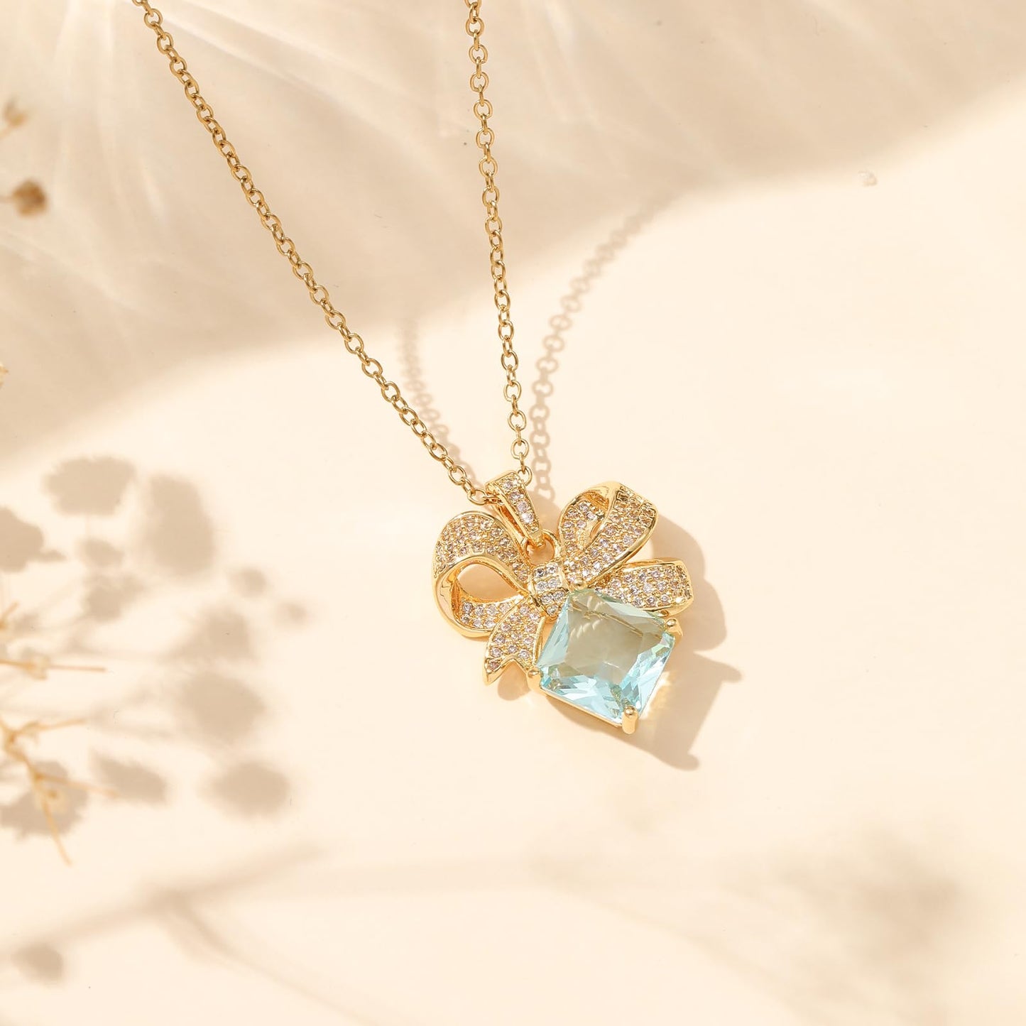 Square June Birthstone Bow Moonstone Necklace for Women-Gold Plated Moonstone Pendant Waterproof Non Tarnish Healing Crystal Vintage Necklace For Birthday Valentines Day Mother's Day Christmas Thanksgiving Gifts