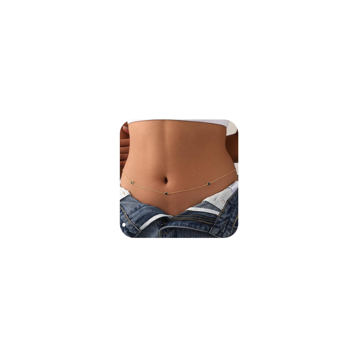 Waist Chain for Women 14K Gold Plated Body Jewelry Waist Chains Single Layer Three Dark Blue Round Diamond Gold Belly Chain Belly Belt Chains Sexy Adjustable Bikini Body Jewelry Daily Gifts for Women