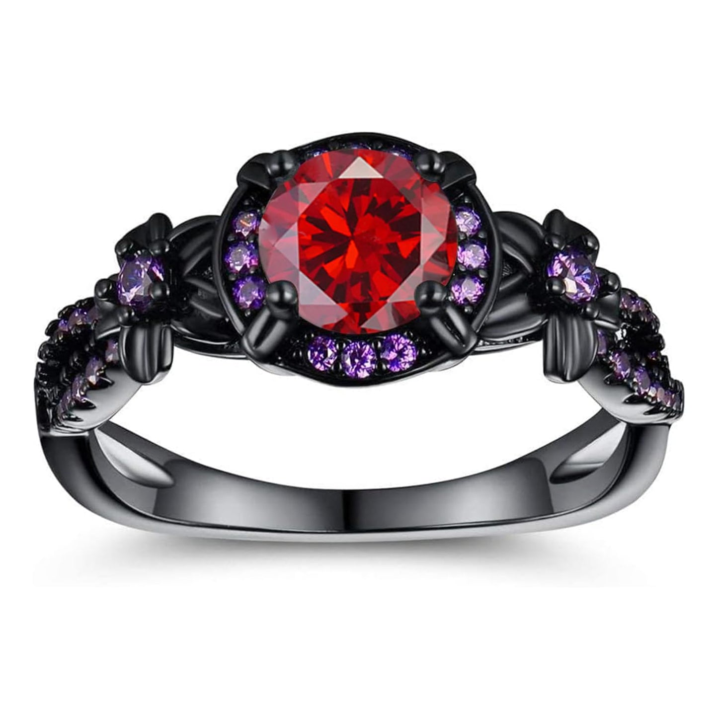 Vintage Black Gold Plated Ring with Created Garnet Gemstone, Purple CZ Accents, Wedding Engagement Band, Sizes 5-10 (9)