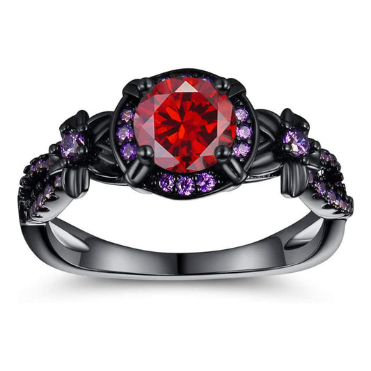 Vintage Black Gold Plated Ring with Created Garnet Gemstone, Purple CZ Accents, Wedding Engagement Band, Sizes 5-10 (7)