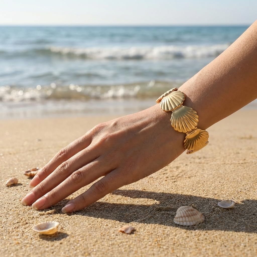 MystiGlimmer 18K Gold Seashell Adjustable Bracelet for Women – Waterproof, Tarnish‑Free, Hypoallergenic Cuff with Luxury Gift Box – Meaningful Gift for Her (Seashell)
