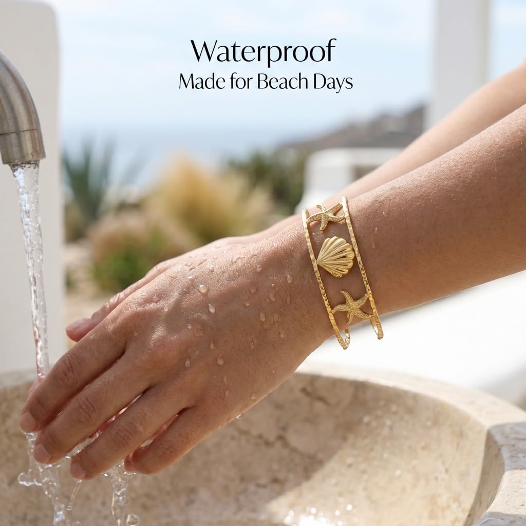 MystiGlimmer Starfish Open Cuff Bracelet for Women 18K Gold Plated Stainless Steel, Adjustable Ocean-Inspired Arm Cuff, Waterproof, Hypoallergenic Beach Jewelry Gift (Starfish-Seashell 3)