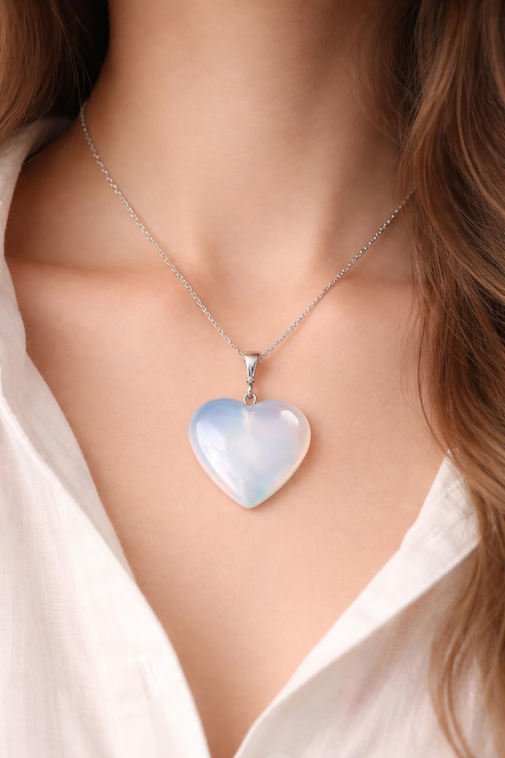 Opalite Neck lace - Healing Crystal Neck lace with Opalite Heart by Taylor - Elegant Jewelry for Energy Balance and Spiritual Healing - Gift for Women on Mothers Day, Christmas, Valentine (Flat Heart)