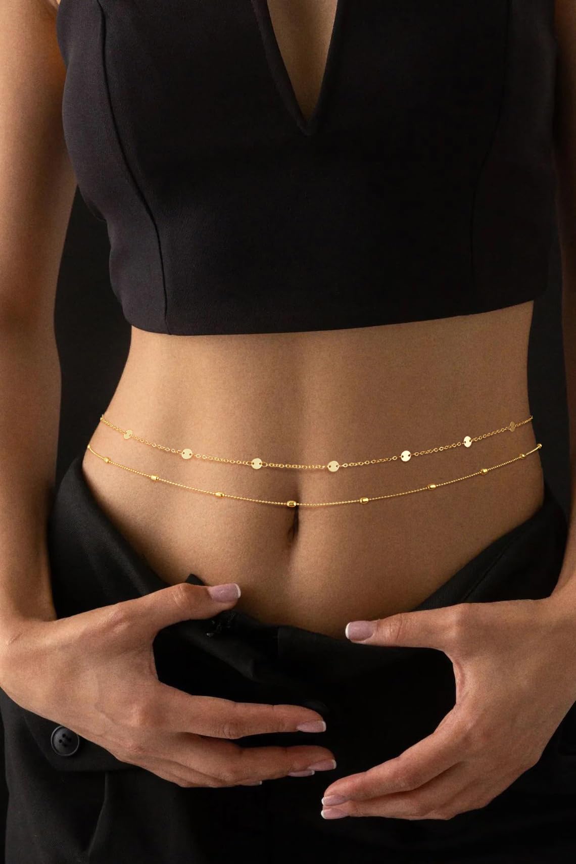 SUFOPE Gold Waist Chain for Women Dainty 14K Gold Plated Belly Chain Adjustable Layered Bikini Belly Beads for the Waist Waterproof Beach Accessories Body Chain Jewelry Gifts