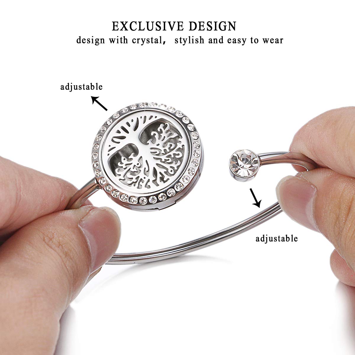 Cupimatch Adjustable Tree of Life Essential Oil Diffuser Bracelet, Stainless Steel CZ Aromatherapy Locket Bangle 8 Color Pads Jewelry Set for Women Gifts (Tree) for Mothers Day