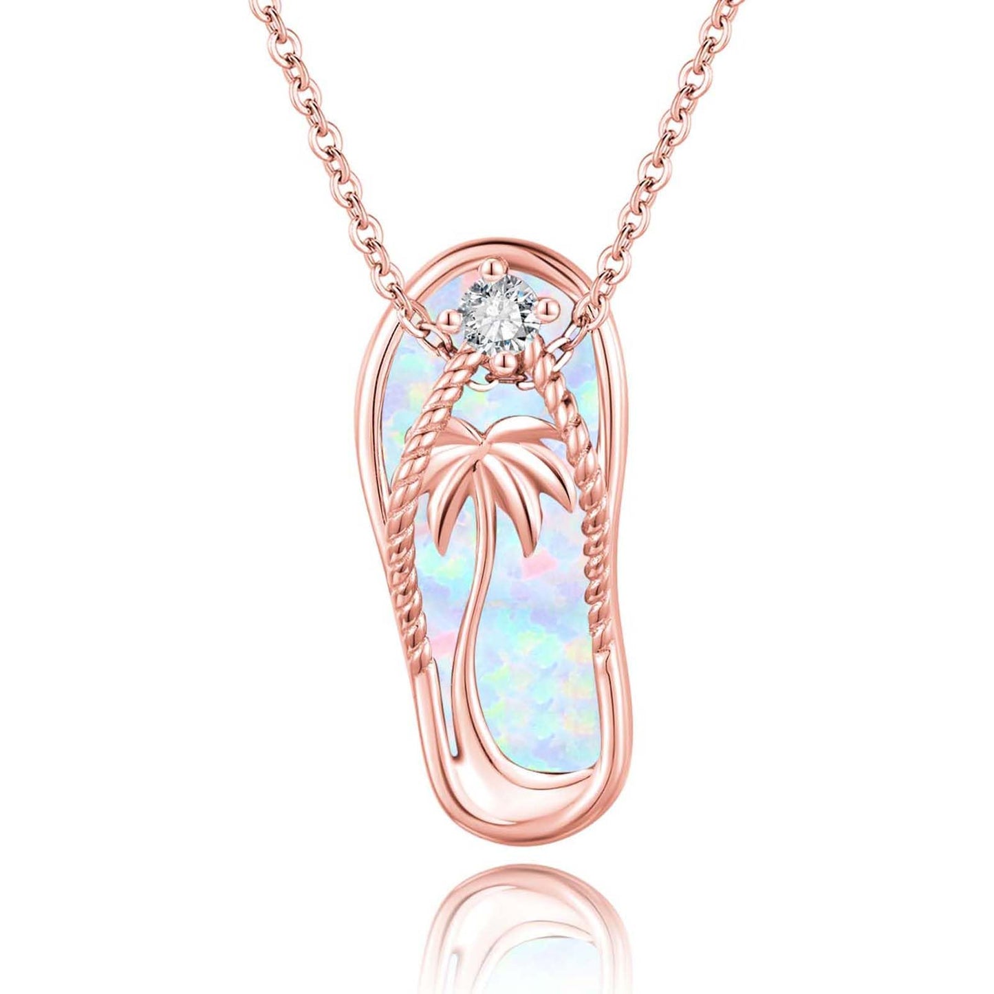 Midir&Etain Rose Gold Plated Flip Flop Necklace 925 Sterling Silver Palm Tree Hawaiian Pendant White Opal Suffer Sea Necklace Flip-Flop White Opal Jewelry for Women Prime