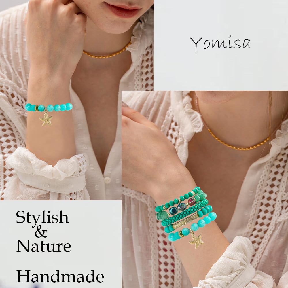 Yomisa Boho Beaded Bracelets for Women,Multilayer Wrap 5PCS Healing Natural Stone Bead Bracelets Handmade Stackable Friendship Stretchy Beaded Bracelet Set Trendy Bohemian Jewelry Gift for Women