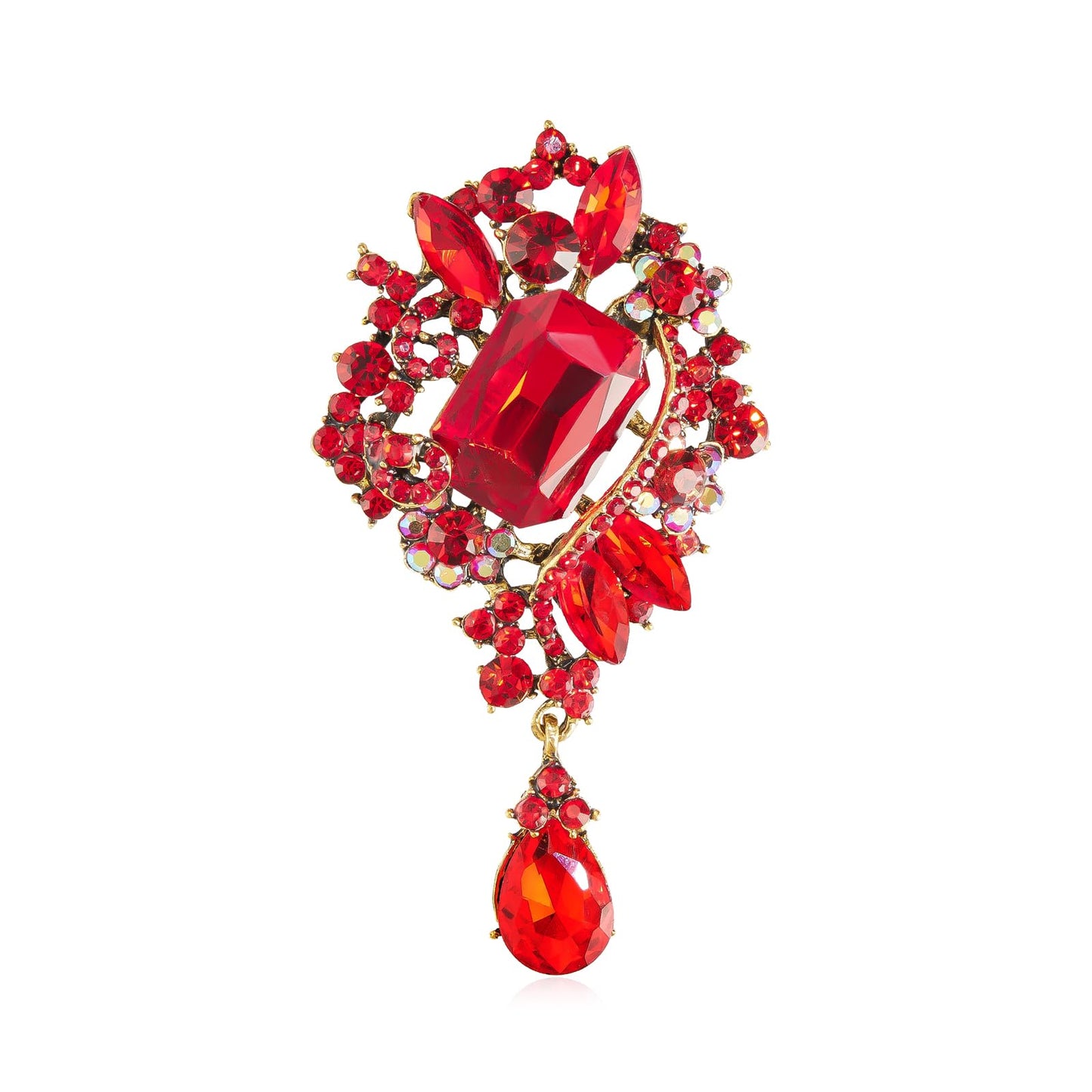 YOQUCOL Retro Red Austrian Crystal Big Brooch Pin for Women Large Flower Water Drop Shape Brooches Lapel Pins for Sweater,Coat Dress Accessories -106