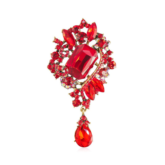YOQUCOL Retro Red Austrian Crystal Big Brooch Pin for Women Large Flower Water Drop Shape Brooches Lapel Pins for Sweater,Coat Dress Accessories -106