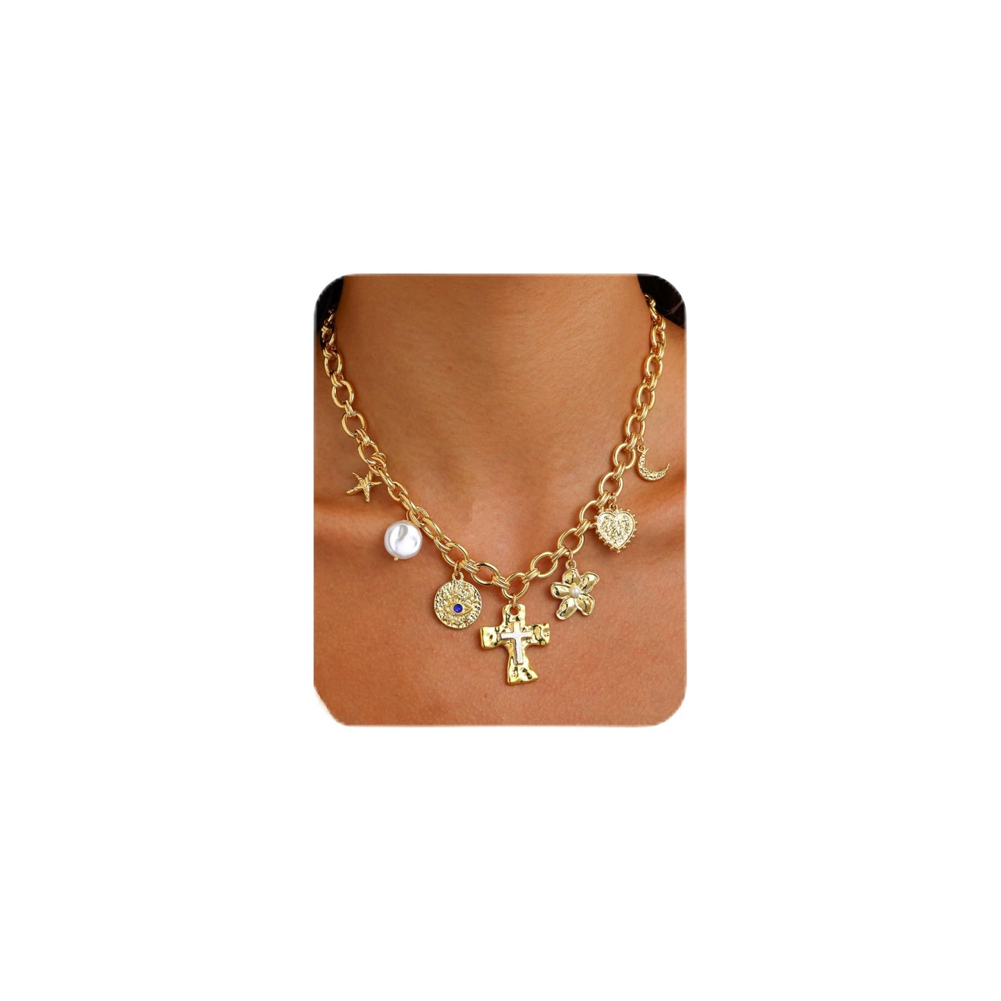 Chunky Charm Cross Pearl Necklace For Women Seashell Shell Starfish Beach Bow 14K Gold Plated Pendant Summer Jewelry (01 Cross)