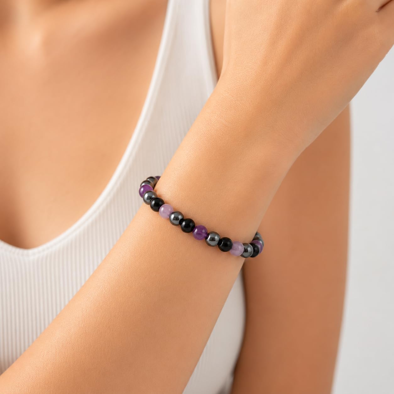 NUKAYAI Empath Protection Bracelet for Women Gifts Healing Emf Crystals Hematite Black Tourmaline Amethyst Jewelry Natural Stones