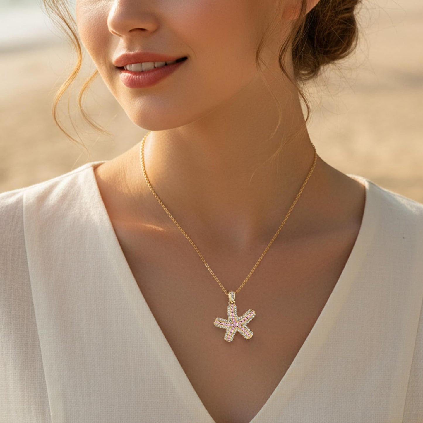 crataly Rose Quartz And CZ Starfish Necklace For Women-Gold Plated October Birthstone Necklace For Valentine's Day Mother's Day Christams Birthday Gifts