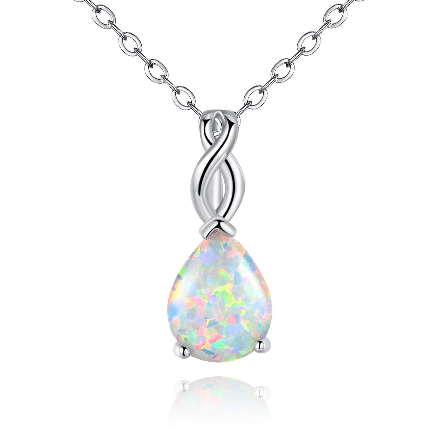 VOLUKA Created White Fire Opal Pendant Necklace for Women|8 * 10mm Teardrop October's Birthstone Gemstone Necklace|18K White Gold Plated Pear-Shaped Wedding Engagement Jewelry Gifts 19.5 inches