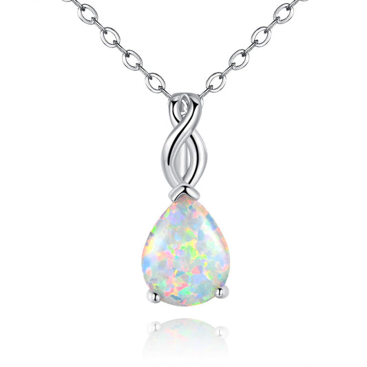 VOLUKA Created White Fire Opal Pendant Necklace for Women|8 * 10mm Teardrop October's Birthstone Gemstone Necklace|18K White Gold Plated Pear-Shaped Wedding Engagement Jewelry Gifts 19.5 inches