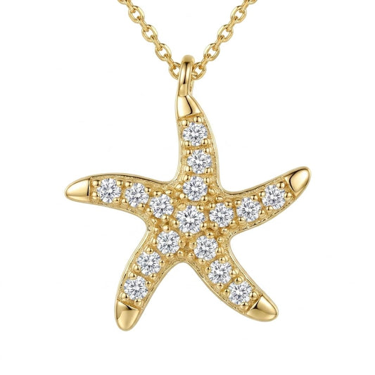 S925 Sterling Silver Starfish Necklace with Fresh Water Pearl, Sparkling Pave Zirconia Sea Star Pendant, Dainty 14K Gold Plated Asymmetric Choker, Ocean Beach Inspired Jewelry Gift for Women (Gold)